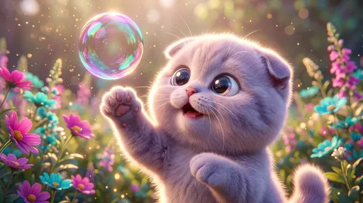 Stylized Kitten Reaching for Soap Bubble