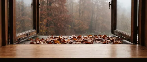 Open Wooden Window With Autumn Leaves