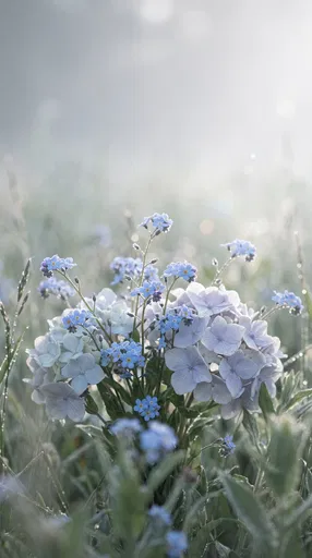 Blue Forget-Me-Nots and Hydrangeas in Mist
