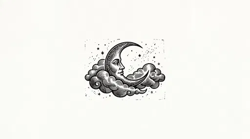 Vintage Woodcut Crescent Moon in Clouds