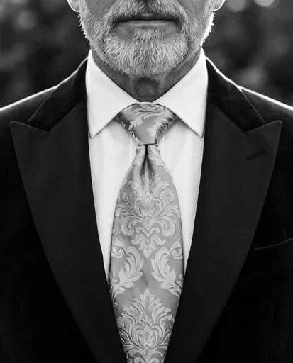 Monochrome Close-Up of Tuxedo and Damask Tie
