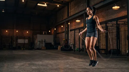 Athletic Woman Jumping Rope in Industrial Gym
