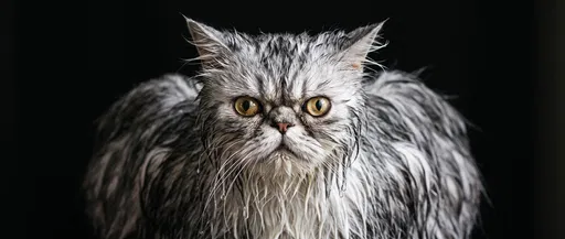 Wet Angry Persian Cat Portrait
