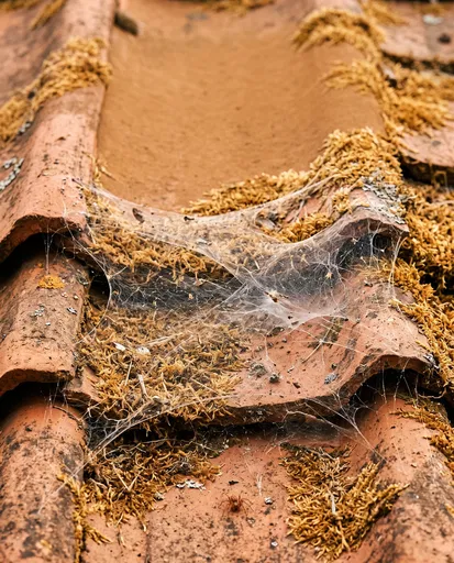 Cobweb on Mossy Terracotta Roof Tiles