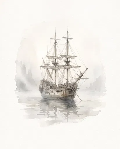 Watercolor Illustration of Anchored Galleon