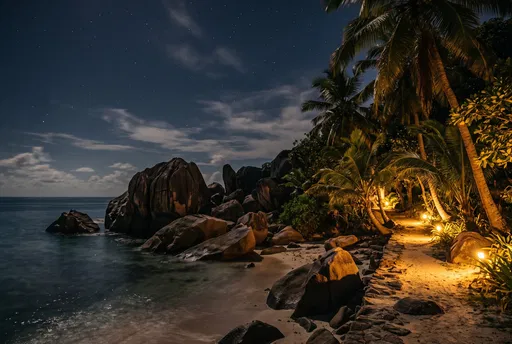 Illuminated Tropical Island Pathway at Night