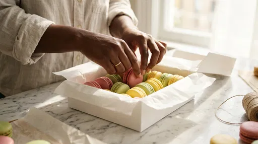 Hands Arranging Pastel Macarons in Box