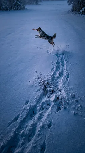 Australian Shepherd Leaping for Disc in Snow