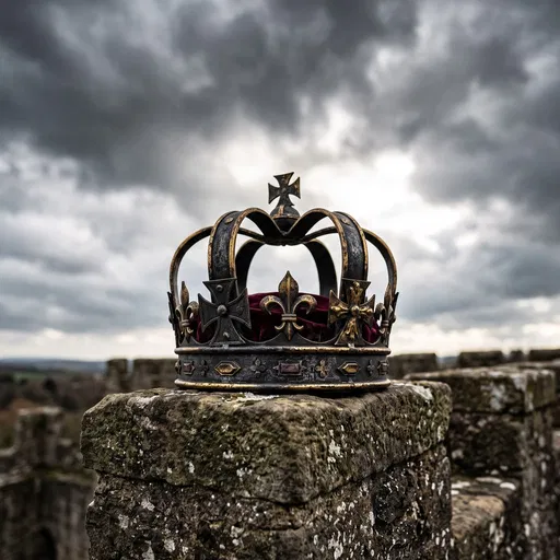 Weathered Iron and Gold Crown on Battlement