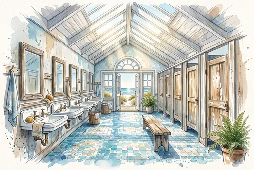 Watercolor Illustration of Coastal Bathhouse Washroom