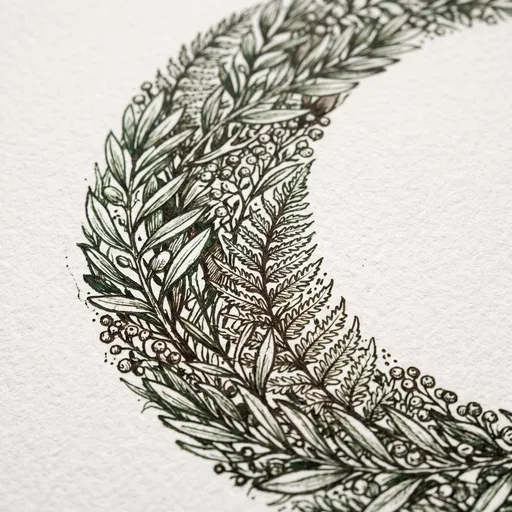 Macro Botanical Ink Crescent Drawing