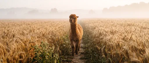 Cinnamon Alpaca in Misty Wheat Field