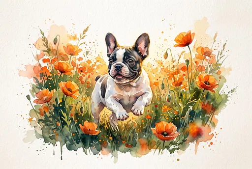 Watercolor French Bulldog Puppy in Poppies