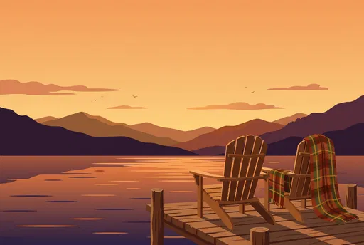 Adirondack Chairs on Lake Dock at Sunset