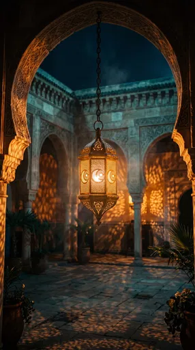 Glowing Islamic Lantern in Stone Courtyard
