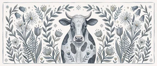 Folk Art Dairy Cow Floral Illustration