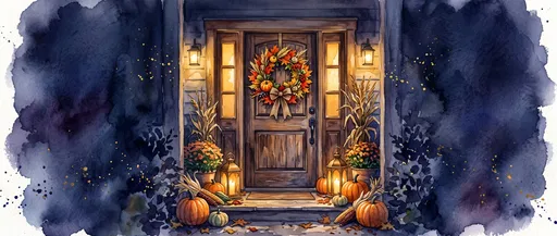 Watercolor Autumn Front Door With Wreath