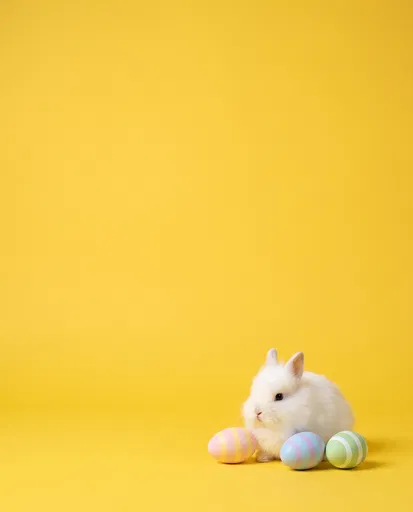 White Bunny With Pastel Easter Eggs
