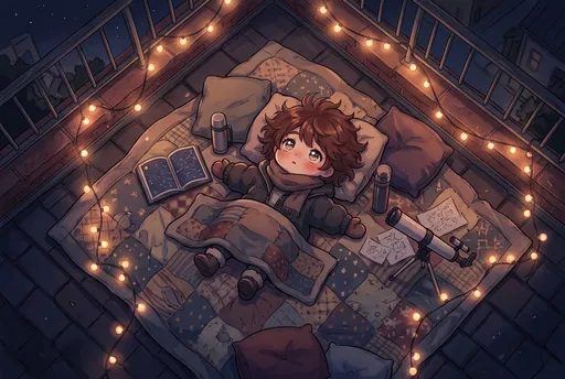 Cozy Anime Stargazer on Rooftop Blanket