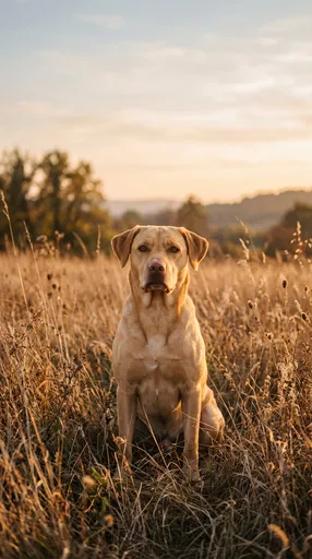 Golden Dog Sitting in Autumn Meadow
