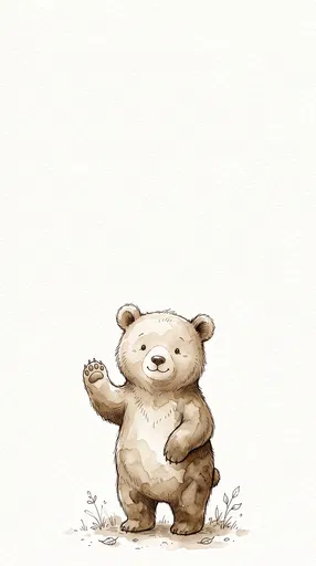 Watercolor Sepia Bear Cub Waving