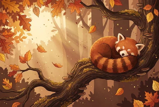 Sleeping Red Panda on Autumn Branch