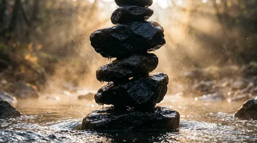Stacked Wet Stones in Misty Stream