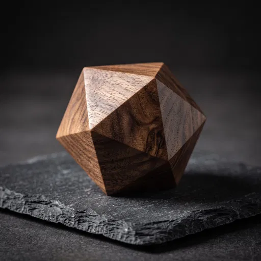 Carved Walnut Wood Icosahedron on Slate