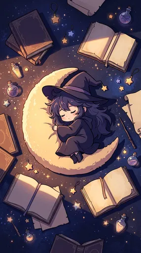 Chibi Witch Sleeping on Crescent Moon Pillow