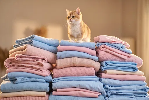 Kitten Standing on Folded Pastel Laundry Piles