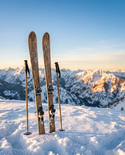 Wooden Skis and Poles on Snowy Peak