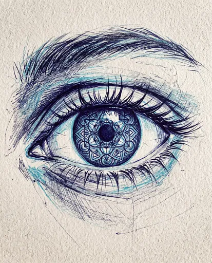 Indigo Ink Eye Sketch With Geometric Iris