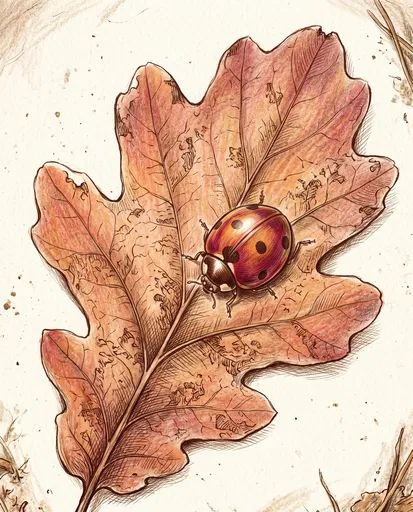Illustration of Ladybug on Autumn Oak Leaf