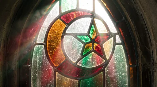 Stained Glass Window with Crescent and Star