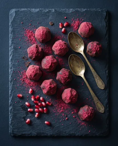 Raspberry Dusted Chocolate Truffles on Dark Slate