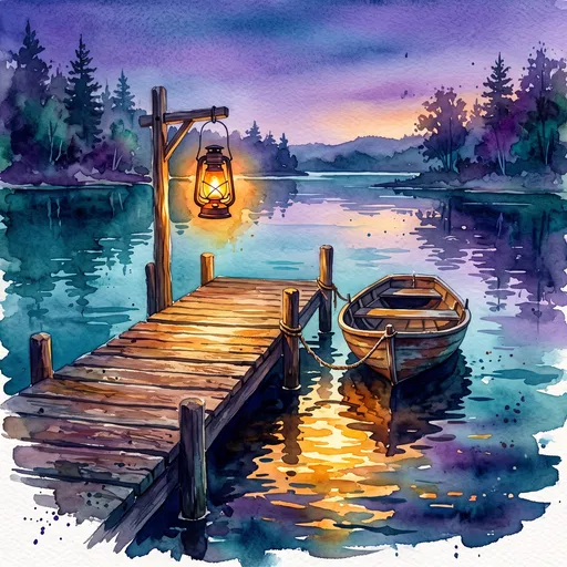 Watercolor Lakeside Dock and Lantern at Twilight