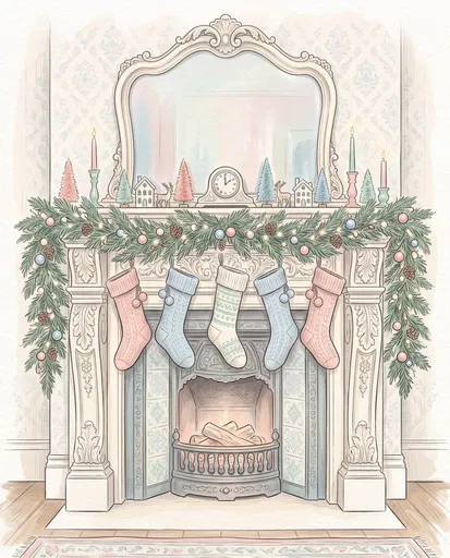 Pastel Victorian Christmas Fireplace Illustration