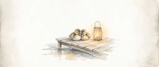 Watercolor Ducklings Cuddling by Lantern on Dock