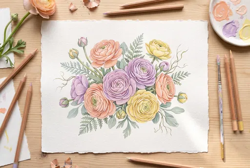 Pastel Ranunculus Bouquet Drawing Flat Lay