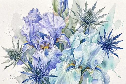 Watercolor Bearded Irises and Sea Holly