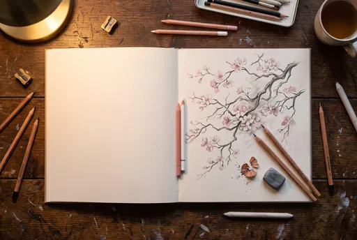Cherry Blossom Sketchbook on Wooden Desk