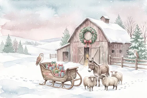 Watercolor Christmas Barn with Animals and Sleigh