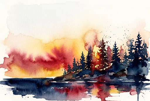 Watercolor Sunset Over Lakeside Pine Trees