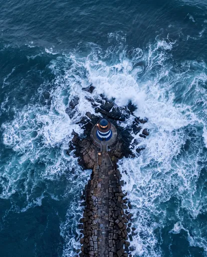 Aerial View of Blue Lighthouse on Jetty