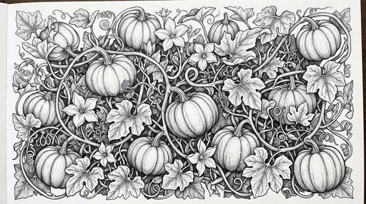 Intricate Black Ink Pumpkin Vine Illustration