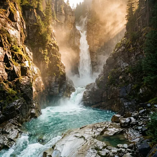 Sunlit Canyon Waterfall and Turquoise Pool