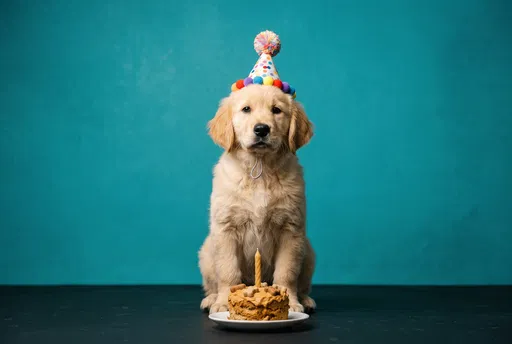 Golden Retriever Puppy With Birthday Cake