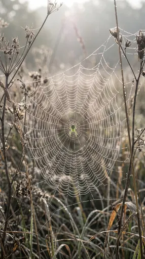 Green Spider on Dewy Meadow Web