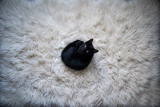Black Cat Curled on Cream Fur Rug