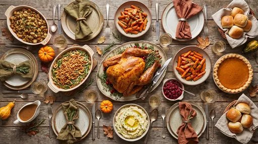 Overhead Thanksgiving Feast on Rustic Table
